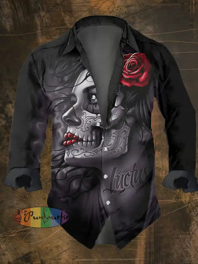 Men’s Vintage Dark Skull Print Long Sleeve Shirt Multicolor / S