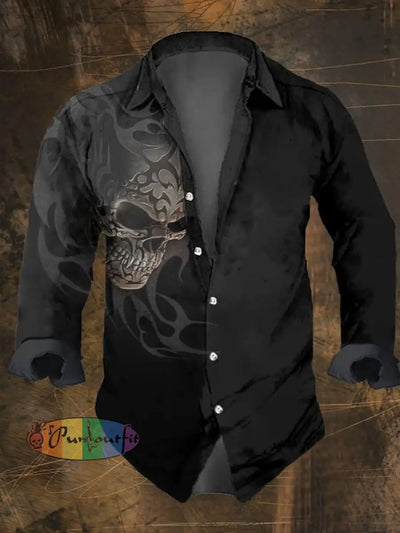 Men’s Vintage Dark Skull Print Long Sleeve Shirt Multicolor / S