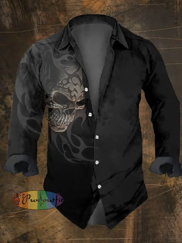 Men’s Vintage Dark Skull Print Long Sleeve Shirt Multicolor / S