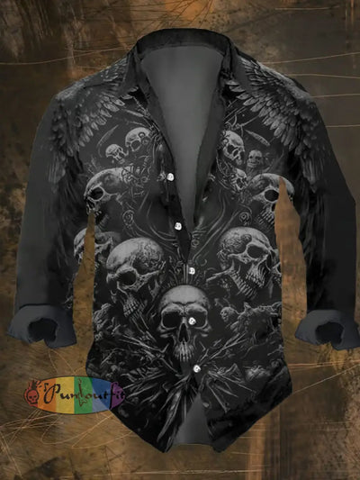 Men’s Vintage Dark Skull Print Long Sleeve Shirt Multicolor / S