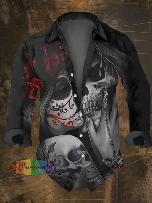 Men’s Vintage Dark Skull Print Long Sleeve Shirt Multicolor / S