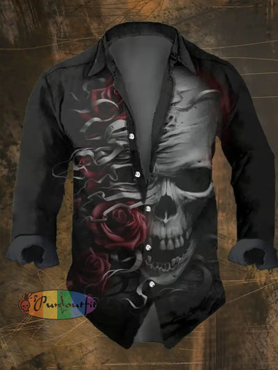 Men’s Vintage Dark Skull Print Long Sleeve Shirt Multicolor / S