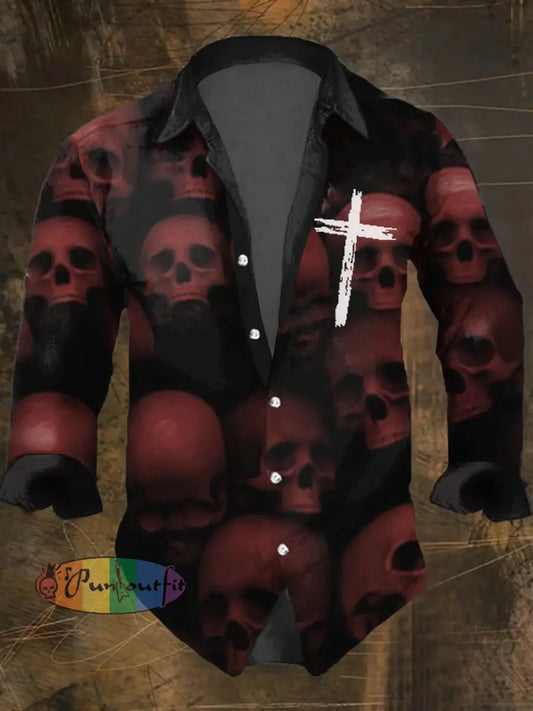 Men’s Vintage Dark Skull Print Long Sleeve Shirt Multicolor / S