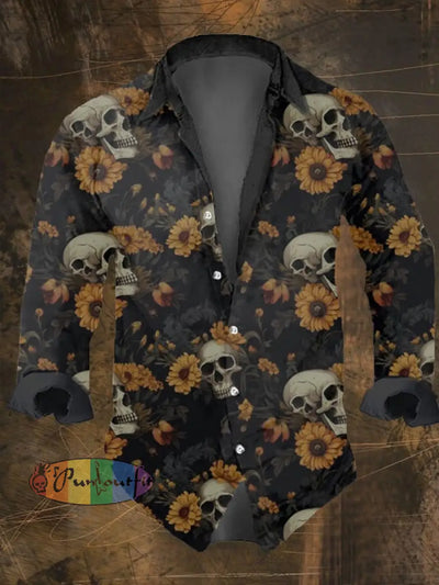 Men’s Vintage Dark Skull Print Long Sleeve Shirt Multicolor / S