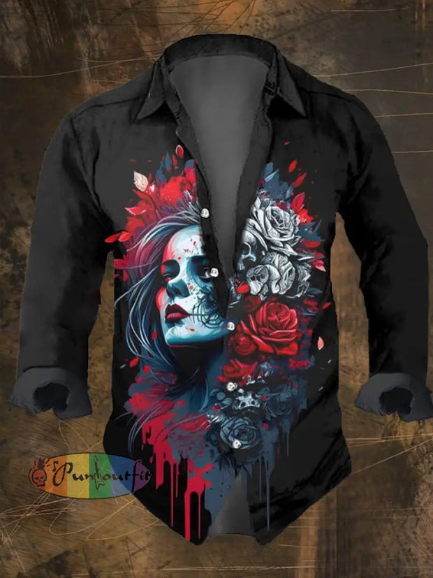 Men’s Vintage Dark Skull Print Long Sleeve Shirt Multicolor / S