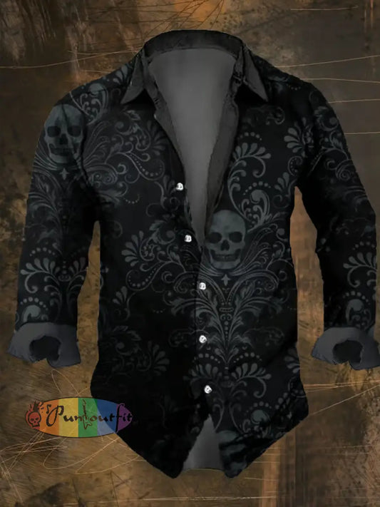 Men’s Vintage Dark Skull Print Long Sleeve Shirt Multicolor / S