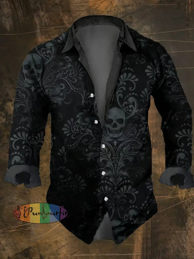 Men’s Vintage Dark Skull Print Long Sleeve Shirt Multicolor / S