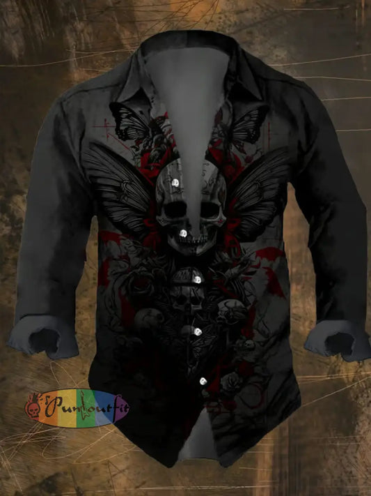 Men’s Vintage Dark Skull Print Long Sleeve Shirt Multicolor / S
