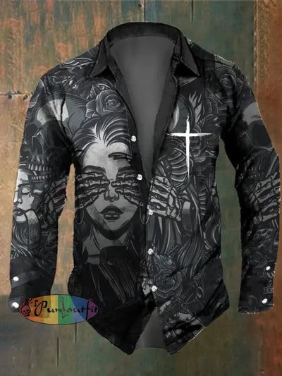 Men’s Vintage Dark Skull Print Long Sleeve Shirt Multicolor / S