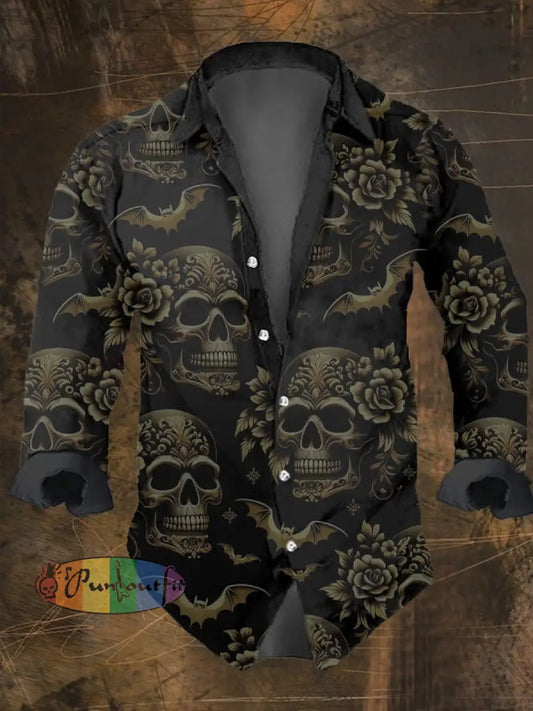 Men’s Vintage Dark Skull Print Long Sleeve Shirt Multicolor / S