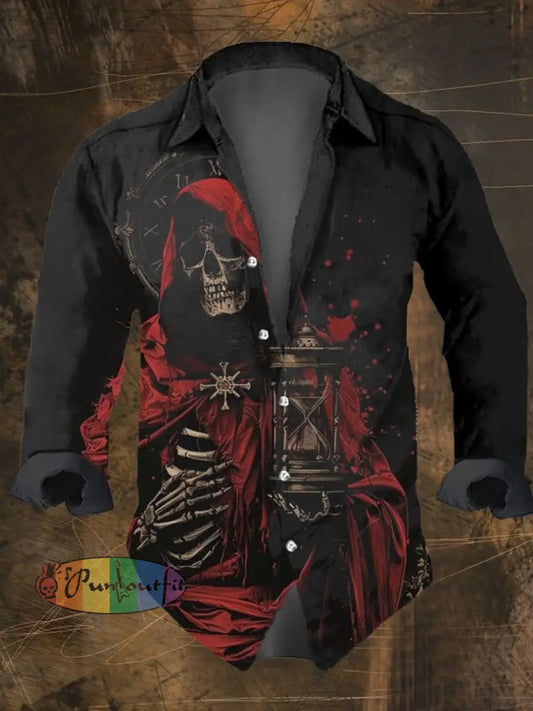 Men’s Vintage Dark Skull Print Long Sleeve Shirt Multicolor / S