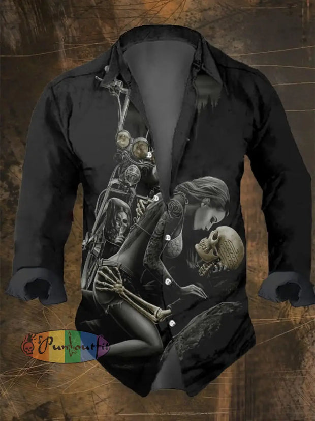 Men’s Vintage Dark Skull Print Long Sleeve Shirt Multicolor / S