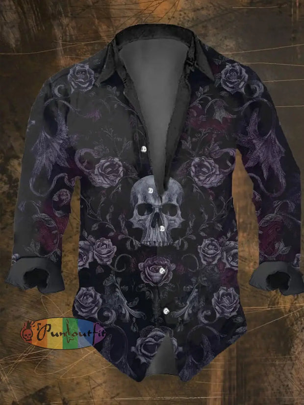 Men’s Vintage Dark Skull Print Long Sleeve Shirt Multicolor / S