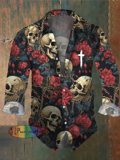 Men’s Vintage Dark Skull Print Long Sleeve Shirt Multicolor / S