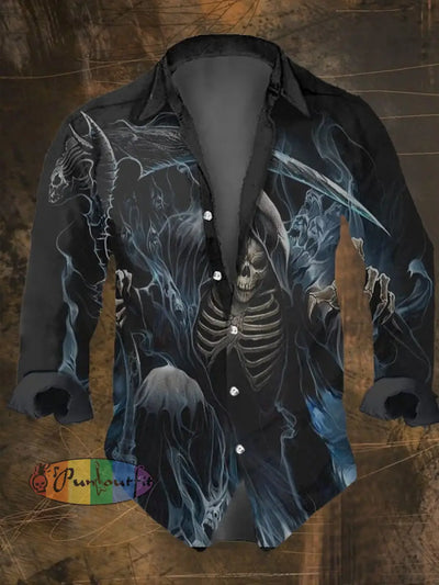 Men’s Vintage Dark Skull Print Long Sleeve Shirt Multicolor / S