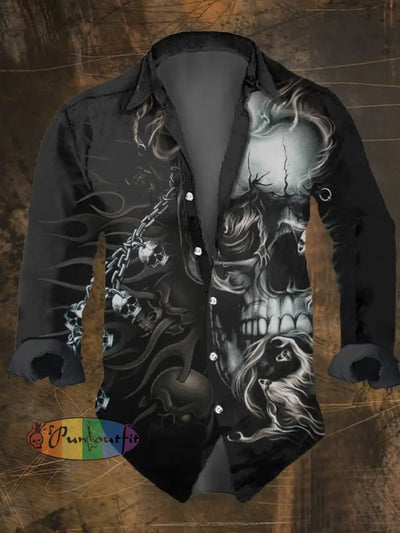 Men’s Vintage Dark Skull Print Long Sleeve Shirt Multicolor / S
