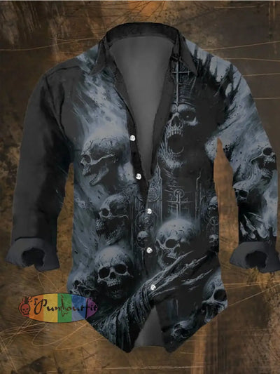 Men’s Vintage Dark Skull Print Long Sleeve Shirt Multicolor / S