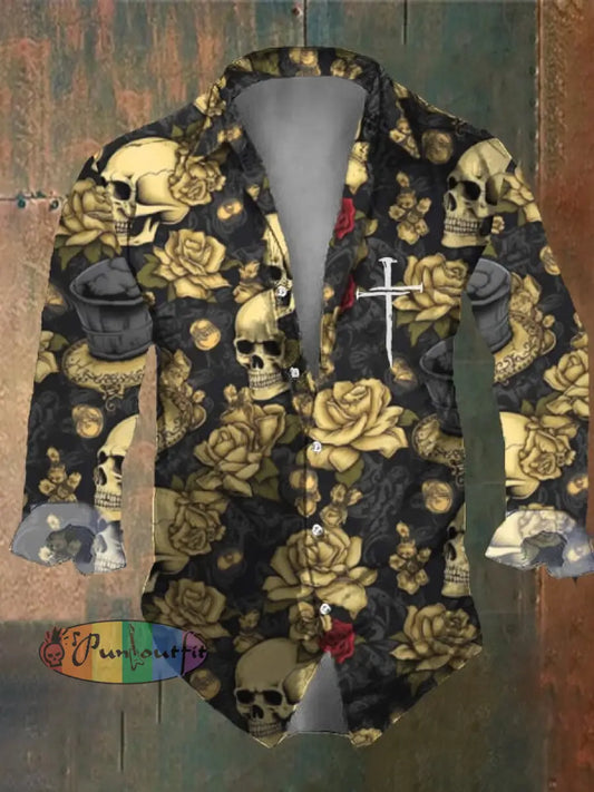 Men’s Vintage Dark Skull Print Long Sleeve Shirt Multicolor / S