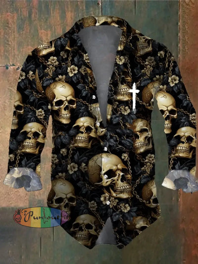 Men’s Vintage Dark Skull Print Long Sleeve Shirt Multicolor / S