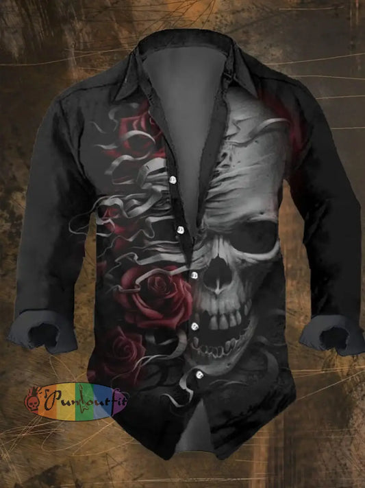 Men’s Vintage Dark Skull Print Long Sleeve Shirt Multicolor / S