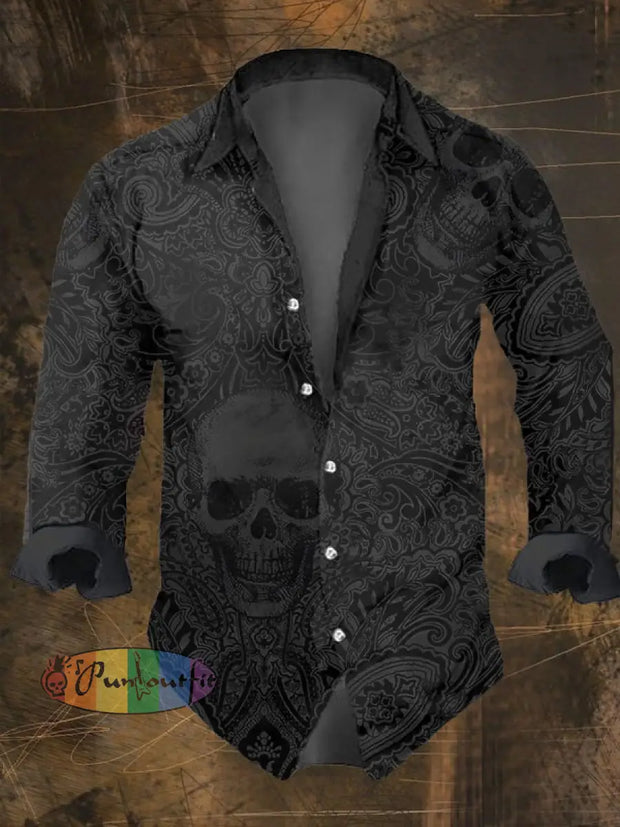 Men’s Vintage Dark Skull Print Long Sleeve Shirt Multicolor / S
