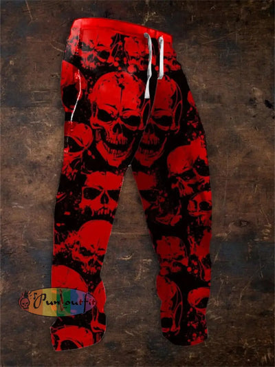 Men’s Vintage Dark Style Ghost Skull Halloween Art Print Sweatpants Picture 1 / S Shorts