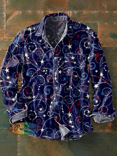 Men’s Vintage Denim Color Star Line Art Print Lapel Long Sleeve Pocket Shirt Colorful / S