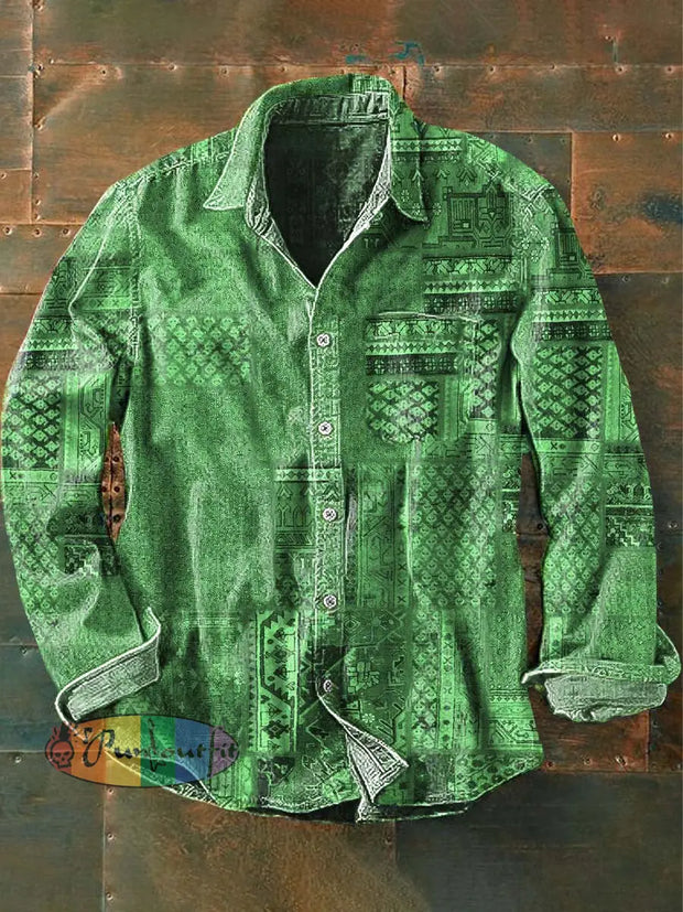 Mens Vintage Emerald Abstract Print Casual Lapel Long Sleeve Shirt As Picture / S