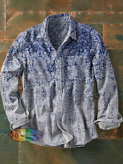 Men’s Vintage Ethnic Gradient Floral Art Print Long Sleeve Pocket Shirt Colorful / S