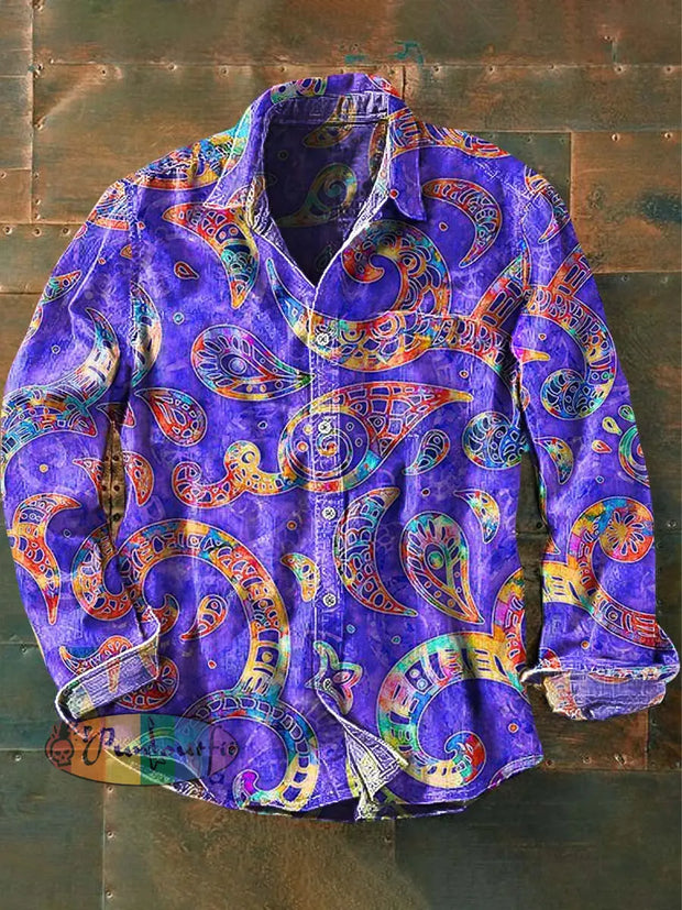 Men’s Vintage Ethnic Print Casual Long Sleeve Shirt As Picture / S