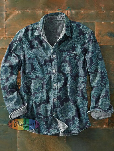 Men’s Vintage Floral Art Print Lapel Long Sleeve Pocket Shirt Colorful / S