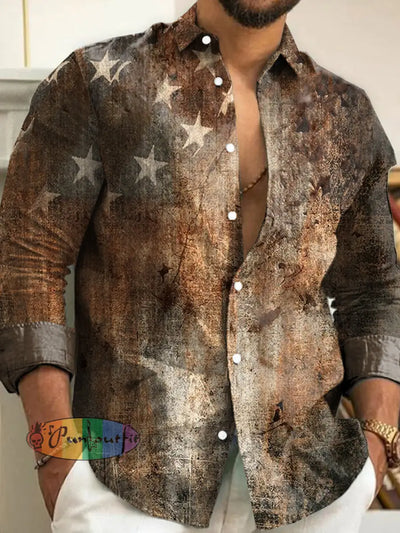 Men’s Vintage Floral Art Print Long Sleeve Shirt Brown / S