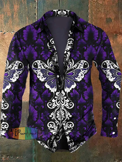 Men’s Vintage Floral Butterfly Print Casual Long Sleeve Shirt Purple / S