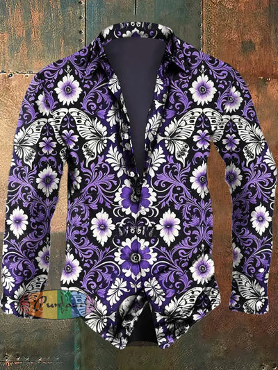 Men’s Vintage Floral Butterfly Skull Print Casual Long Sleeve Shirt Purple / S