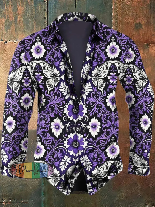 Men’s Vintage Floral Butterfly Skull Print Casual Long Sleeve Shirt Purple / S