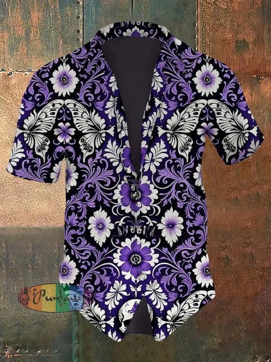 Men’s Vintage Floral Butterfly Skull Print Casual Short Sleeve Shirt Purple / S