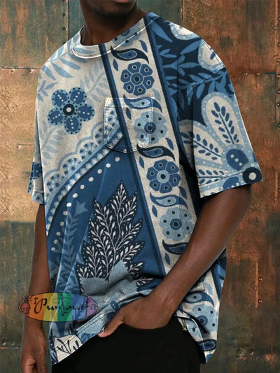 Men’s Vintage Floral Patchwork Art Abstract Pocket Short-sleeved T-shirt Blue / S
