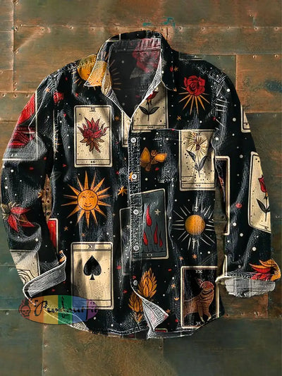 Men’s Vintage Floral Poker Sun Art Print Lapel Long Sleeve Pocket Shirt Colorful / S