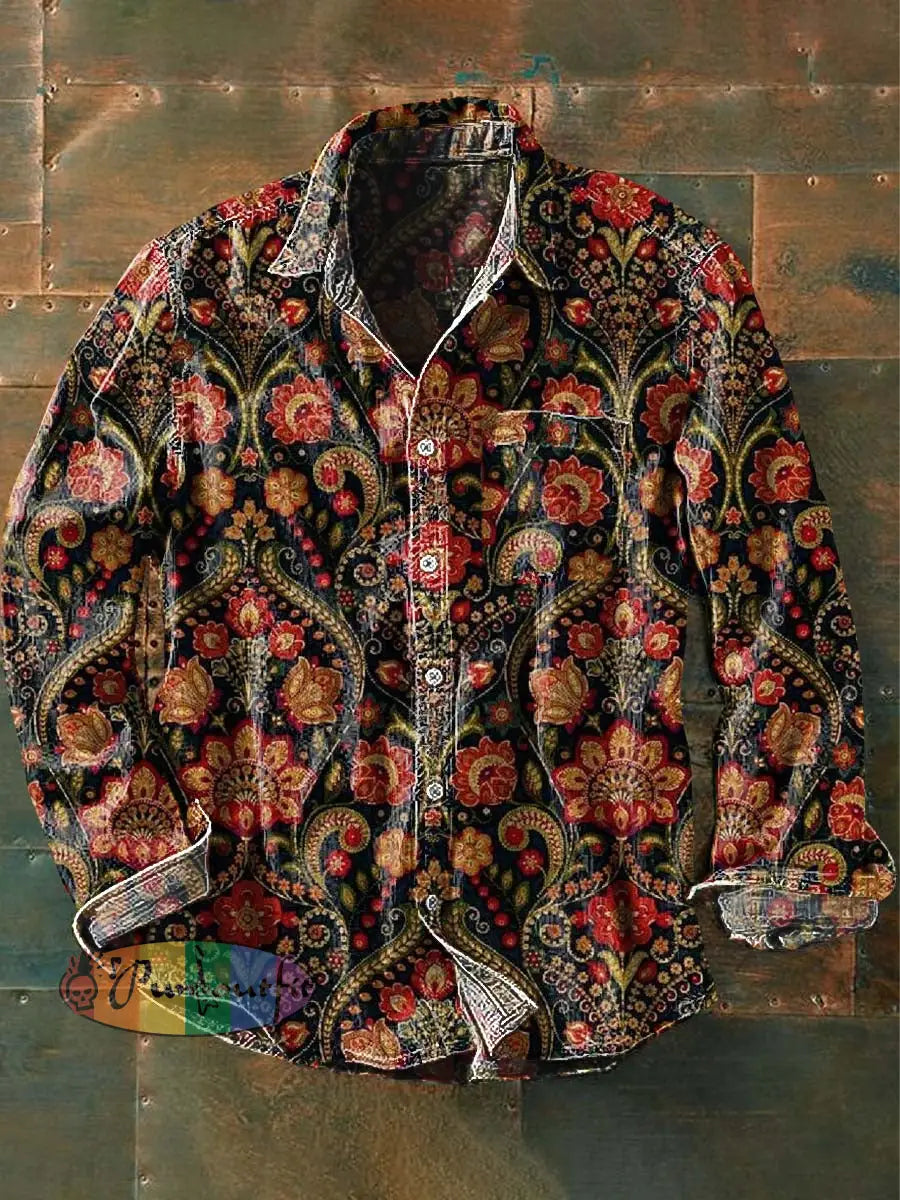 Men’s Vintage Floral Print Casual Lapel Long Sleeve Shirt As Picture / S