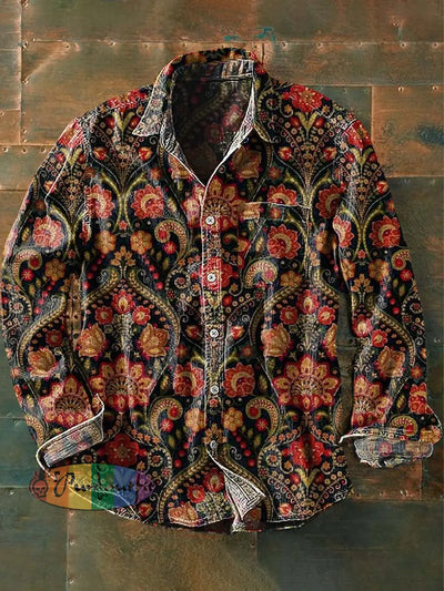 Men’s Vintage Floral Print Casual Lapel Long Sleeve Shirt As Picture / S