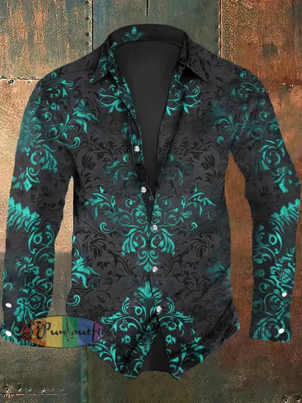 Men’s Vintage Floral Print Casual Long Sleeve Shirt