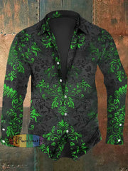 Men’s Vintage Floral Print Casual Long Sleeve Shirt Green / S