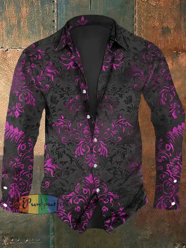 Men’s Vintage Floral Print Casual Long Sleeve Shirt Rose Red / S