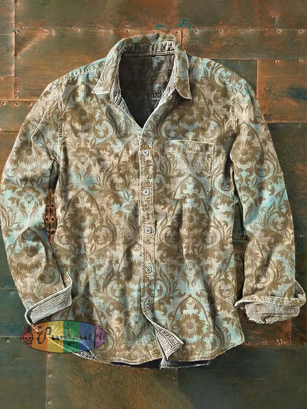 Men’s Vintage Floral Printed Casual Long Sleeve Lapel Shirt As Picture / S