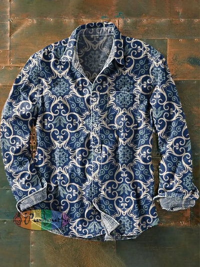 Men’s Vintage Geometric Floral Art Print Lapel Long Sleeve Pocket Shirt Colorful / S