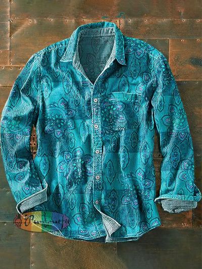 Men’s Vintage Geometric Floral Art Print Long Sleeve Pocket Shirt Colorful / S