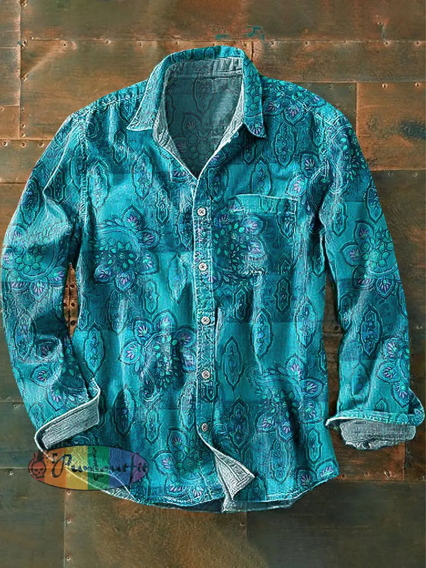 Men’s Vintage Geometric Floral Art Print Long Sleeve Pocket Shirt Colorful / S
