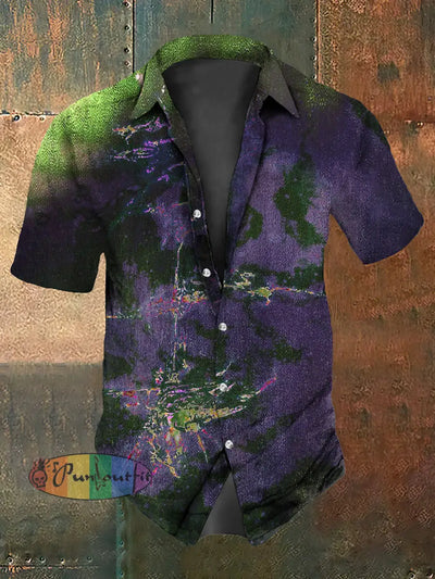 Men’s Vintage Gothic Aged Crack Abstract Print Casual Cotton Short Sleeve Shirt Purple / S