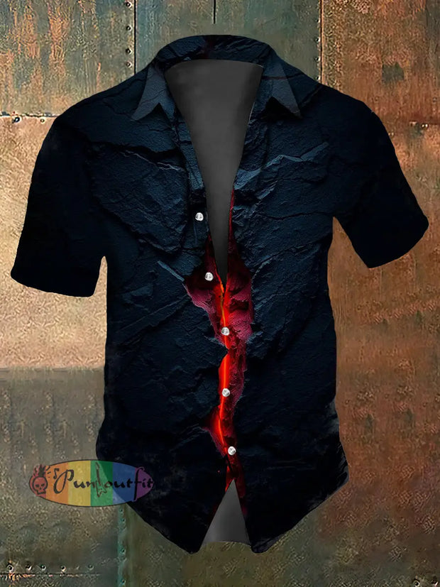 Men’s Vintage Gothic Aged Rock Crack Abstract Print Casual Cotton Short Sleeve Shirt Navy Blue / S