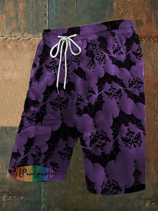 Men’s Vintage Gothic Bat Design Abstract Print Casual Pocket Drawstring Shorts Purple / S
